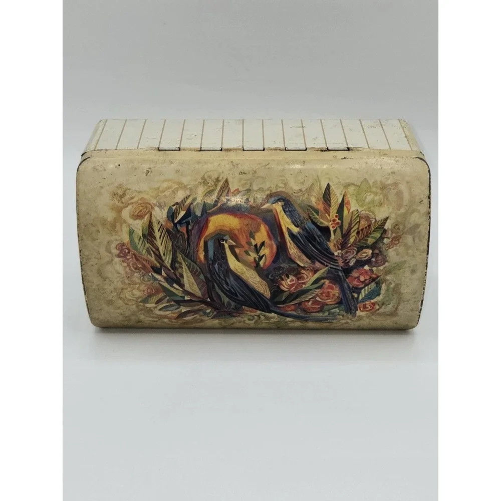 Vintage Metal Storage Tin‎ Box Bird Floral Design Hinged Lid 6.5